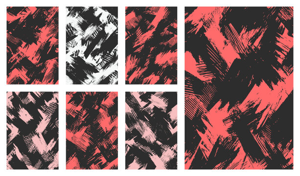 Red, pink, and white diagonal brush stroke vector patterns in multiple color variations. Dynamic grunge abstract backgrounds for digital design, branding, posters, social media, and modern layouts.