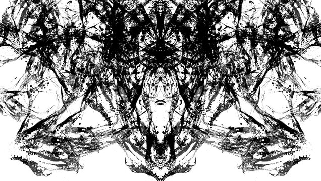 Manchas de tinta negras sobre fondo trasparente, evocando una figura abstracta tipo Rorschach. Sugiere formas org&aacute;nicas y ca&oacute;ticas, como ra&iacute;ces o criaturas enfrentadas.