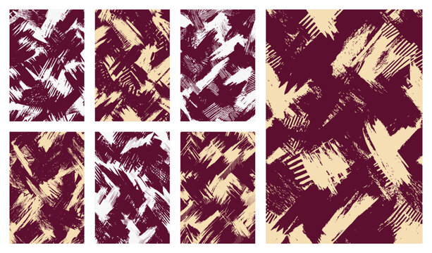 Burgundy and cream diagonal brush stroke vector patterns in multiple color variations. Dynamic grunge abstract backgrounds for digital design, branding, posters, social media, and modern layouts.