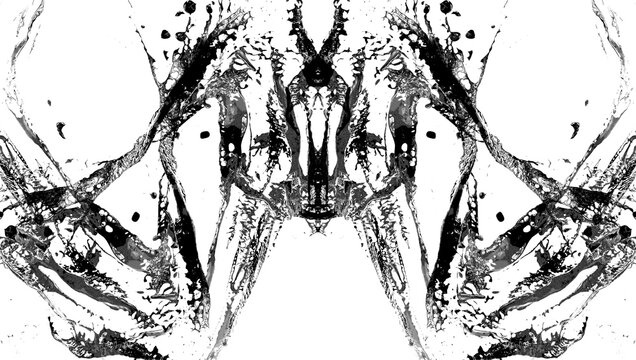 Manchas de tinta negras sobre fondo trasparente, evocando una figura abstracta tipo Rorschach. Sugiere formas org&aacute;nicas y ca&oacute;ticas, como ra&iacute;ces o criaturas enfrentadas.