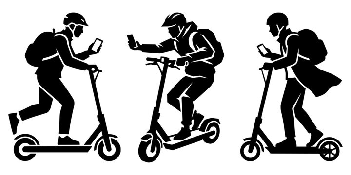 Silhouette of a commuter leaning forward on an electric scooter while using a smartphone, urban micro-mobility vector set