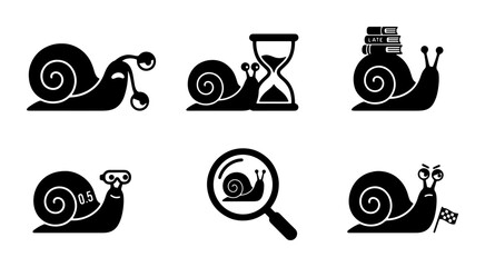 Slow Progress Icons: Snail Metaphors for Speed, Time, and Research, Vector Set © Hasibur