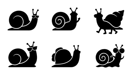 Charming Snail Silhouettes, Cute Cartoon Mollusk Icons, Playful Garden Creature Vector Set, Black and White Simple Illustrations © Hasibur