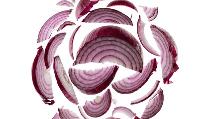 Obraz premium Floating red onion layers isolated ultra realistic food concept on transparent background AI GENERATED.