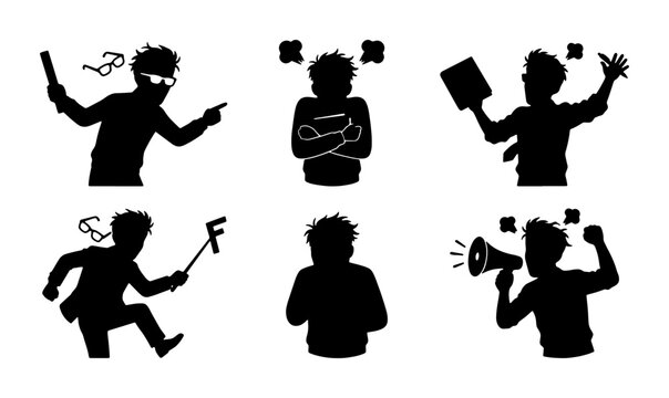 Silhouette Icons: Angry Protester, Selfie Stick, Megaphone, Tablet, Frustrated Person, Aggressive Gestures, Vector Set