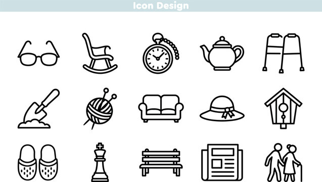 Senior living and geriatric care hobby line icon set. Elderly lifestyle symbols including leisure, home comfort, and assistance. Editable stroke thin line vector illustration.