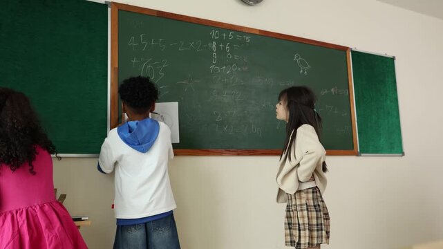 Three children work together solving math problems on a green chalkboard in a classroom setting.