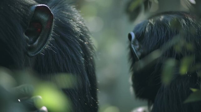 Close-up of chimpanzees grooming each other in lush natural forest habitat, soft filtered sunlight through canopy, intimate and candid documentary moment, realistic wildlife photography.