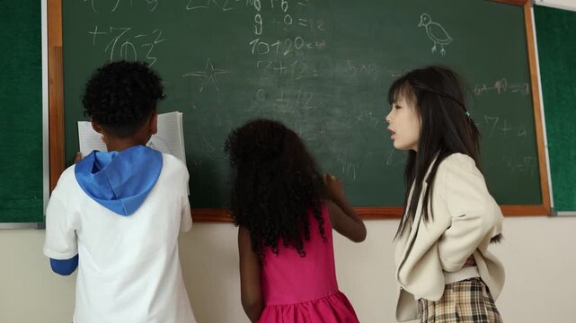 Three children stand in front of a chalkboard filled with math problems, engaging in a classroom learning activity.