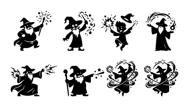 Magical Wizard Icons, Sorcerer Silhouettes, Enchanted Characters, Fantasy Spellcasting Vector Set