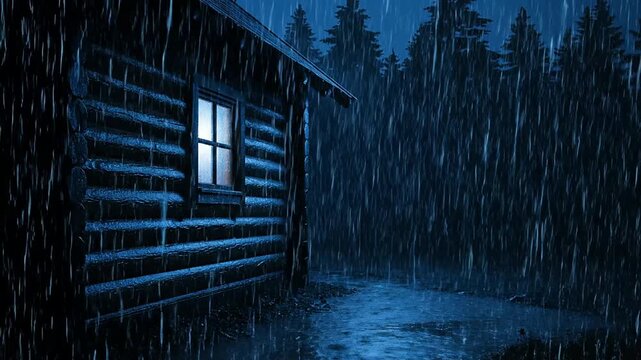 Rainy Night Scene with Wooden Cabin and Forest.