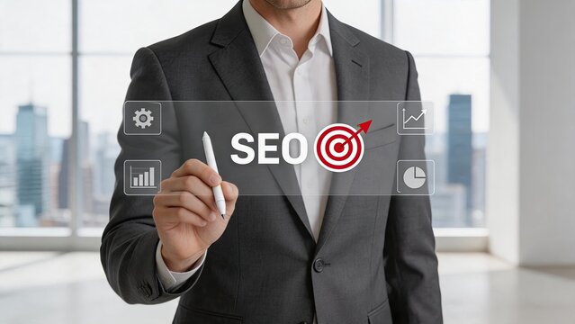 SEO search engine optimization target hologram interface, digital marketing strategy dashboard with analytics charts graphs icons, businessman touching virtual screen for website