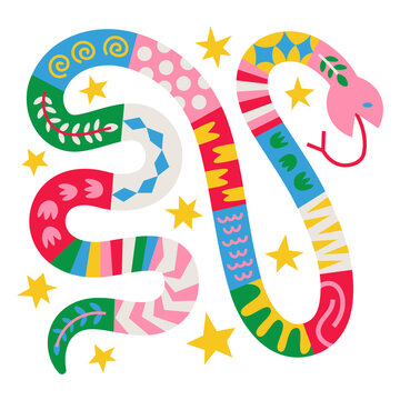 Vibrant snake illustration with playful patterns