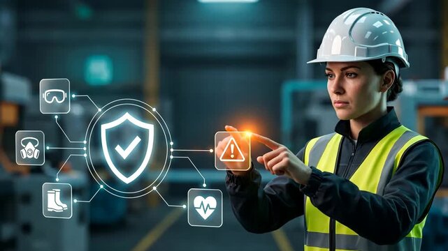 Woman engineer pointing at hologram safety shield with gear icons in factory, hazard monitoring system, workplace protection, work safety