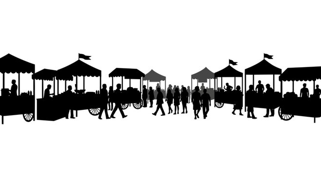 Silhouette illustration of a bustling outdoor street market with stalls and people.