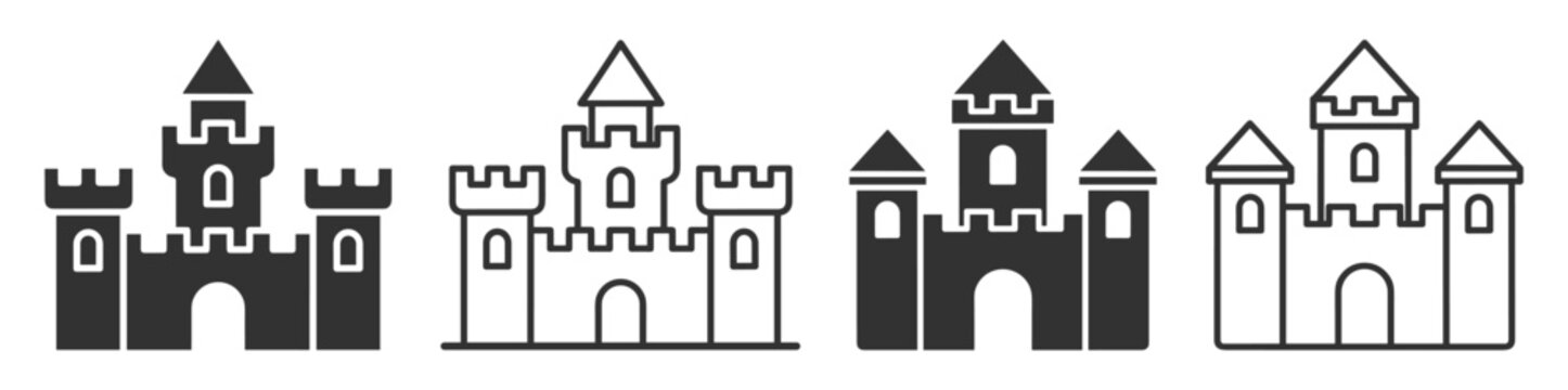 castle icons set in solid and outline styles isolated on transparent background