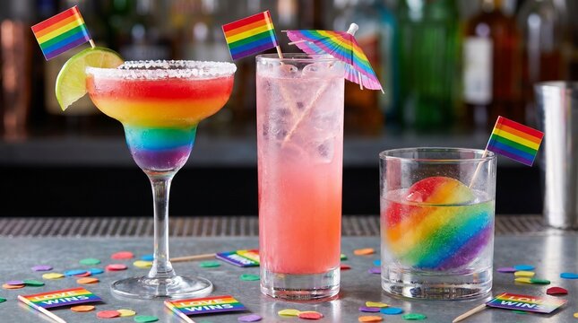 Vibrant rainbow pride cocktails with LGBTQ flags and confetti on a bar counter