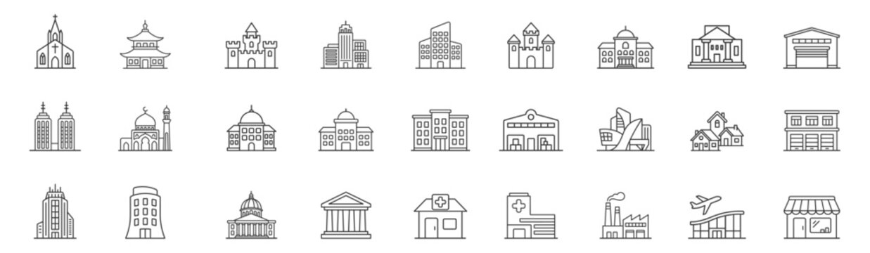 set of 25 thin line city buildings icons including church temple castle skyscraper mosque house hospital factory airport and shop on transparent background