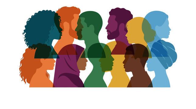 Diverse group of people silhouettes in vibrant colors representing multicultural unity and inclusion.