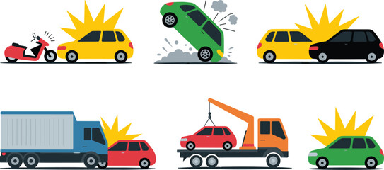 Fototapeta premium Car Crash and Road Accident Vector Icon Set with Vehicle Collisions, Scooter Smash, Truck Hit, and Tow Truck Service for Insurance and Traffic Safety Designs