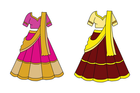 Traditional Indian lehenga choli vector set, ethnic bridal wear illustrations, pink and maroon ghagra choli with dupatta for wedding fashion design