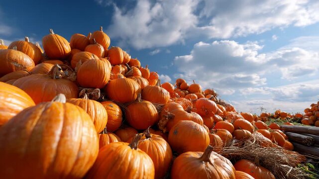 Large pile of orange pumpkins under blue sky
