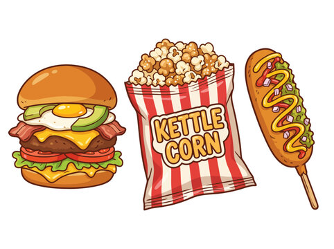 A mouthwatering depiction of delicious fast food items, including a hamburger, kettle corn, and a corndog, catering to food lovers and showcasing culinary art.