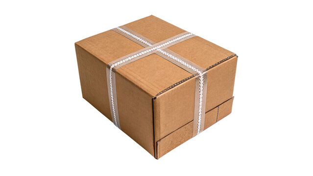 A brown cardboard parcel box tied securely with packaging string twine isolated on transparent background cut out