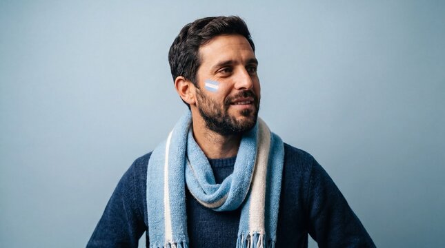 Emotional male supporter of the Argentina national team wearing a blue and white scarf and face paint against a blue background