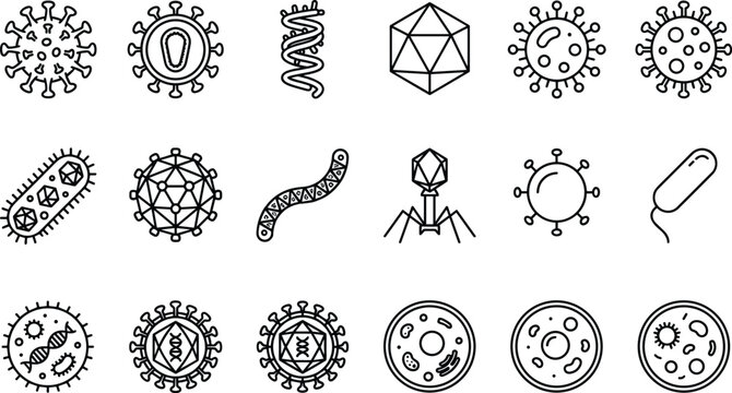 Microbiology and virology linear icons set featuring human viruses infectious bacteria microscopic cells bacteriophages dna strands and scientific medical laboratory symbols (20 words)