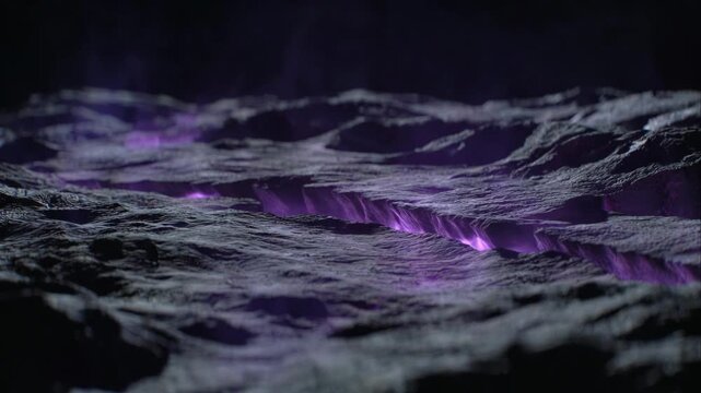 Cracked rocky surface with purple glow shown in dramatic style on dark background, concept of energy eruption