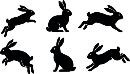 Rabbit silhouette collection six dynamic hare poses for graphic design © MASUD