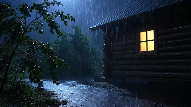 Heavy Rain Falling on a Wooden Cabin at Night with Illuminated Window.