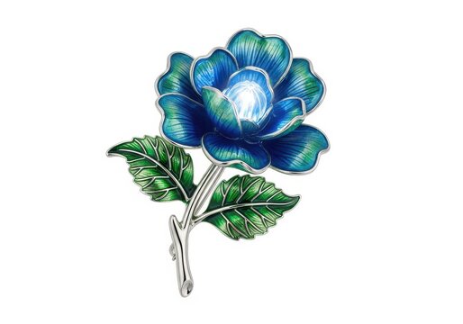 A beautifully crafted blue and green enamel flower brooch with intricate details
