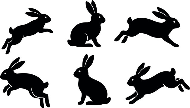 Rabbit silhouette collection six dynamic hare poses for graphic design