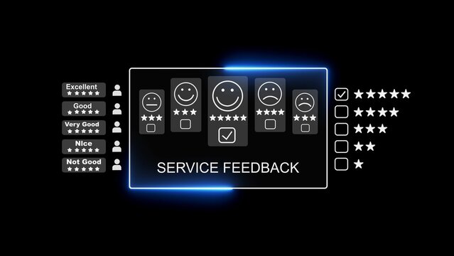 Service feedback digital dashboard featuring glowing neon ui and five star rating system for measuring consumer sentiment and assurance analysis on a minimalist dark background screen