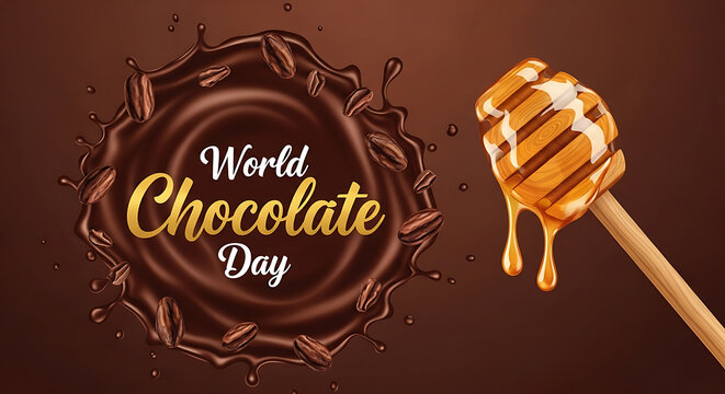 Chocolate box with golden ribbon on brown background