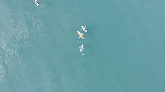 Vertical top-down drone footage of people paddling in kayaks and on stand-up paddleboards (SUP) in crystal clear turquoise water. The shot captures the bright colors of the boats against the transpare