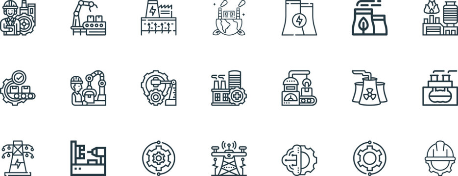 Industrial automation and smart factory vector icons set with robotic arm assembly line green energy nuclear plant and engineering line art