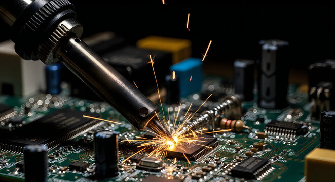 Close-up of a soldering iron sparks flying while repairing a complex electronic circuit board