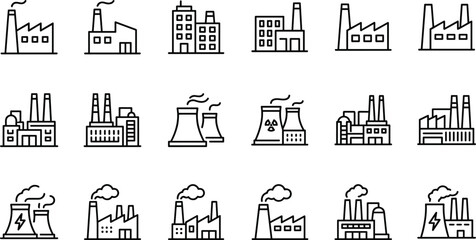 Factory and industrial plant vector icons set with power station smoke chimney manufacturing facility and nuclear energy line art illustrations © monjurul