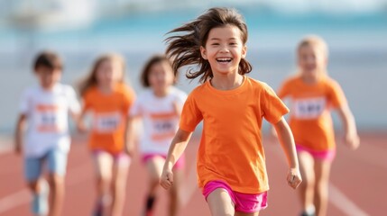 Fototapeta premium Happy young girl running and smiling on outdoor track during fitness event with group of children in colorful activewear competing in sports activity