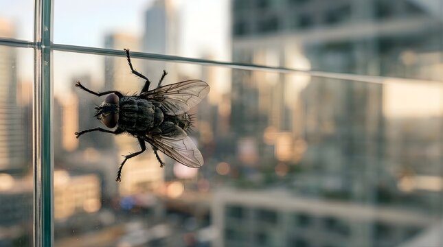 A common housefly resting on a glass window overlooking a city skyline