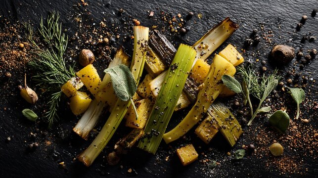 A dark moody composition of roasted leeks and potatoes arranged on black slate with herbs and spices scattered around