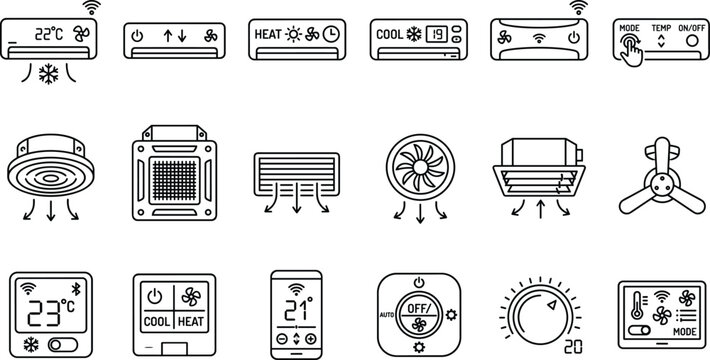 Air conditioner and HVAC control vector icons set with smart thermostat remote fan ventilation climate system line art illustrations