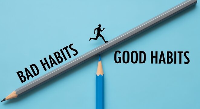 Conceptual habit change metaphor with running silhouette, balancing pencil seesaw between bad habits and good habits text on blue background