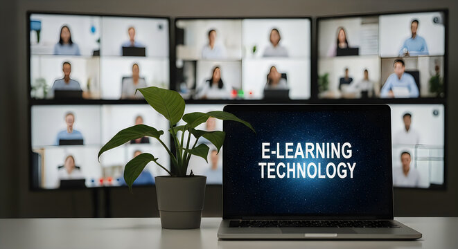 Laptop displaying E- LEARNING TECHNOLOGY on screen with conference grid in background