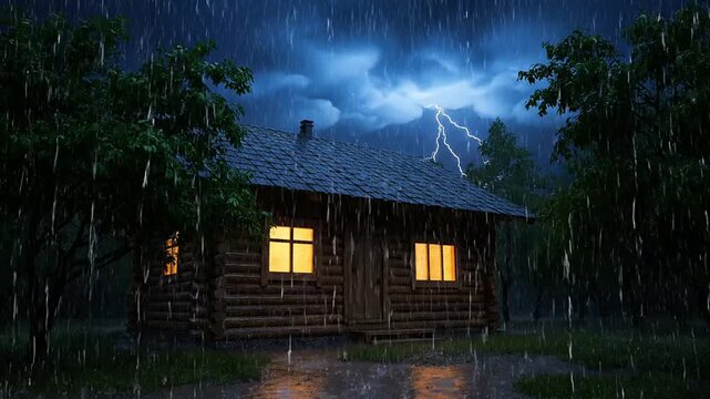 Cozy Cabin in a Thunderstorm with Heavy Rain and Lightning.