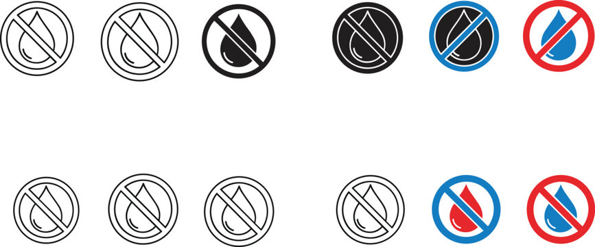 No Water Drop and Prohibited Liquid Icon Set Featuring Restriction Symbols Warning Signs and Forbidden Moisture Labels