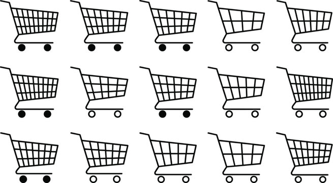 Shopping Cart Line Icon Set with Grid Pattern Variations and Wire Basket Design Elements for E-commerce Retail Websites and Digital Store Interfaces